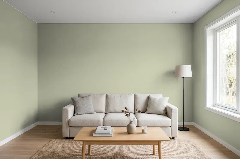 Living room with walls painted Sherwin-Williams Clary Sage SW 6178 (simulated)