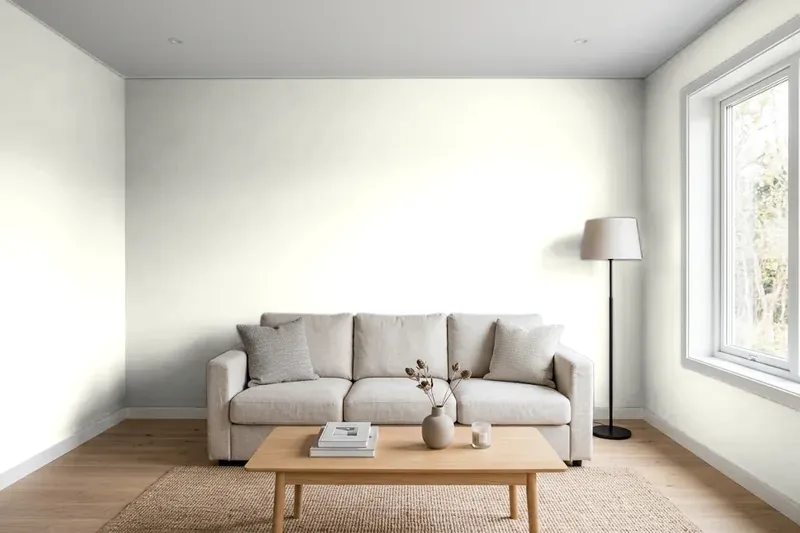 Living room with walls painted Benjamin Moore Cloud White 967 (simulated)