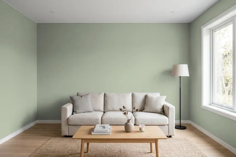 Living room with walls painted Sherwin-Williams Coastal Plain SW 6192 (simulated)
