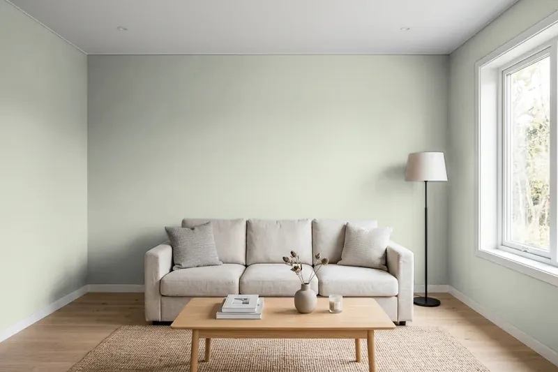 Living room with walls painted Sherwin-Williams Contented SW 6191 (simulated)