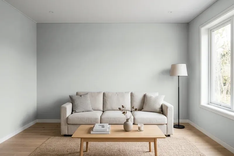 Living room with walls painted Benjamin Moore Coventry Gray HC-169 (simulated)