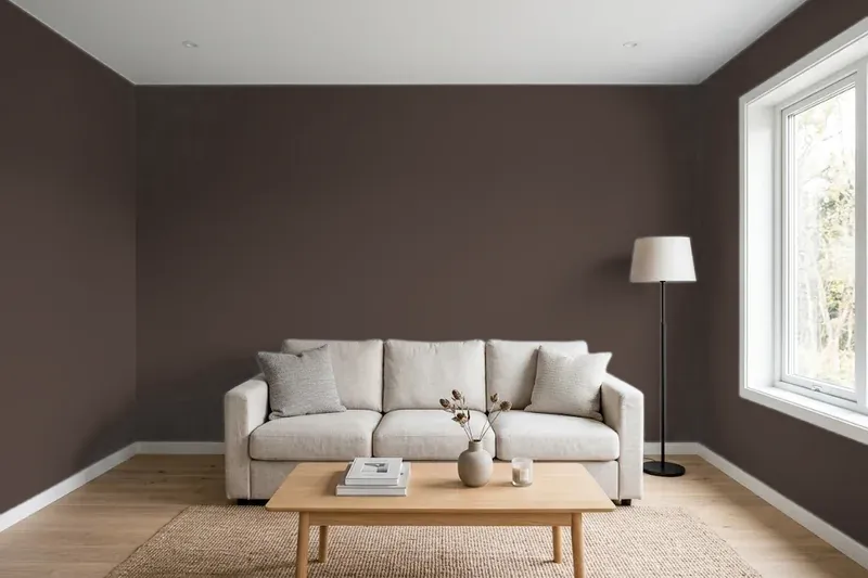 Living room with walls painted Sherwin-Williams Cracked Pepper SW 9580 (simulated)