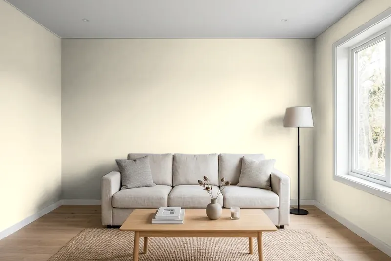 Living room with walls painted Benjamin Moore Creamy White OC-7 (simulated)