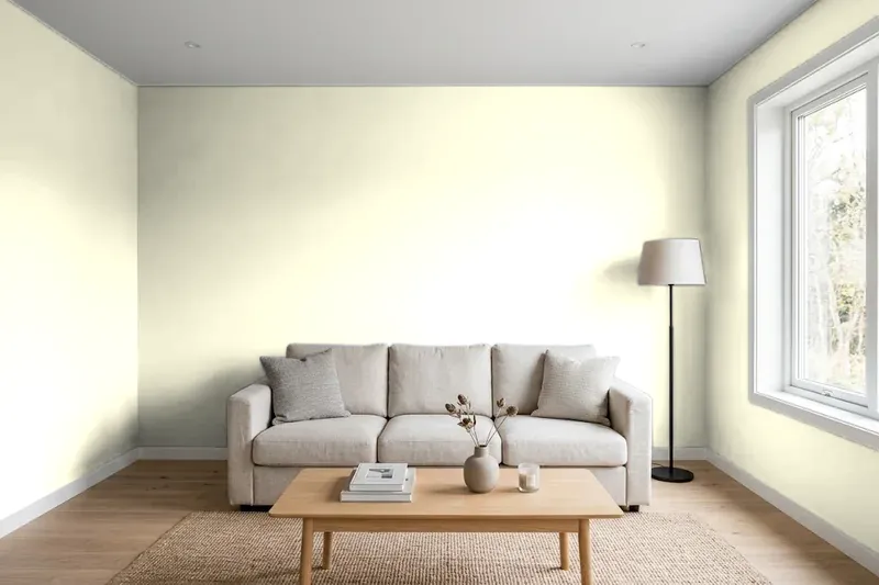Living room with walls painted Benjamin Moore Crème Fraiche 2023-70 (simulated)