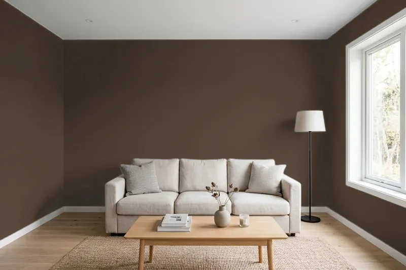 Living room with walls painted Sherwin-Williams Dark Clove SW 9183 (simulated)