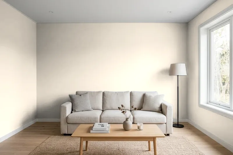 Living room with walls painted Sherwin-Williams Divine White SW 6105 (simulated)