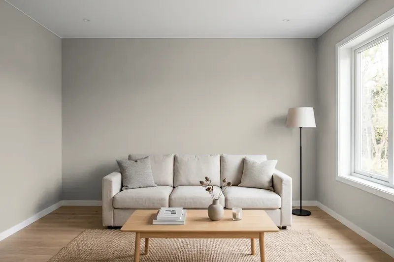 Living room with walls painted Sherwin-Williams Dorian Gray SW 7017 (simulated)