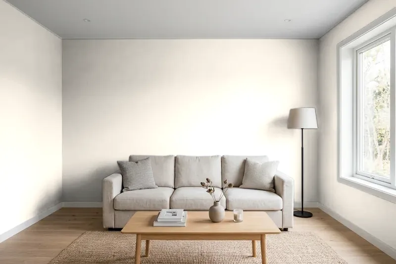 Living room with walls painted Sherwin-Williams Downy SW 7002 (simulated)