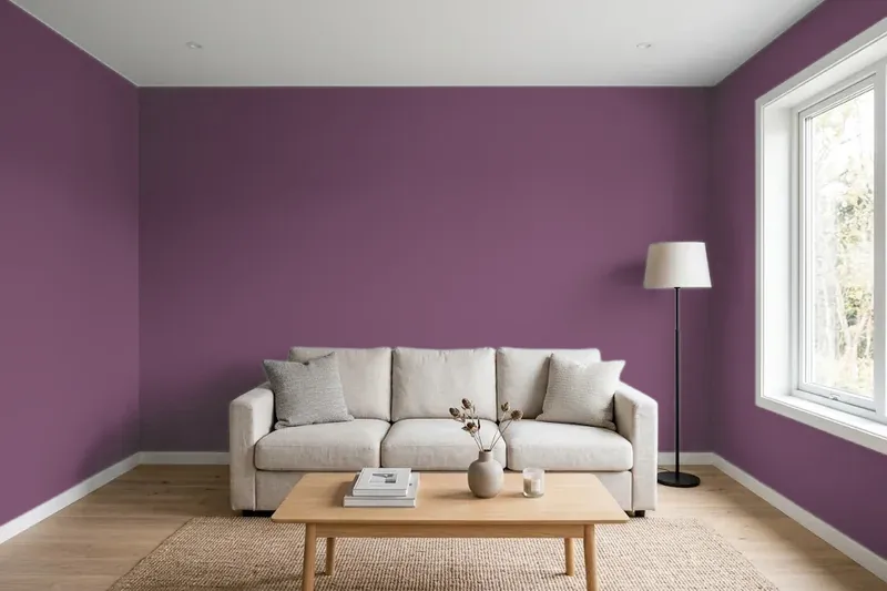 Living room with walls painted Benjamin Moore Eggplant 1379 (simulated)