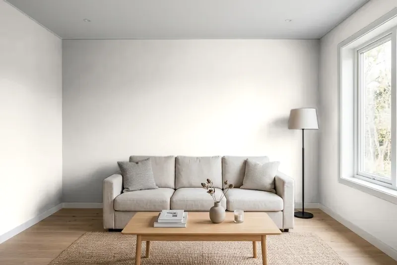 Living room with walls painted Sherwin-Williams Eider White SW 7014 (simulated)