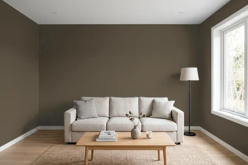 Living room with walls painted Sherwin-Williams Enduring Bronze SW 7055 (simulated)