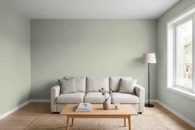 Living room with walls painted Sherwin-Williams Escape Gray SW 6185 (simulated)