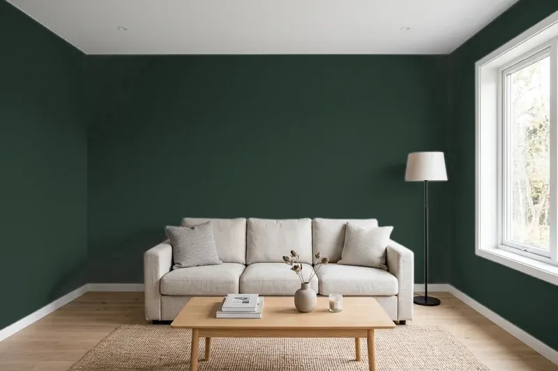 Living room with walls painted Benjamin Moore Essex Green HC-188 (simulated)
