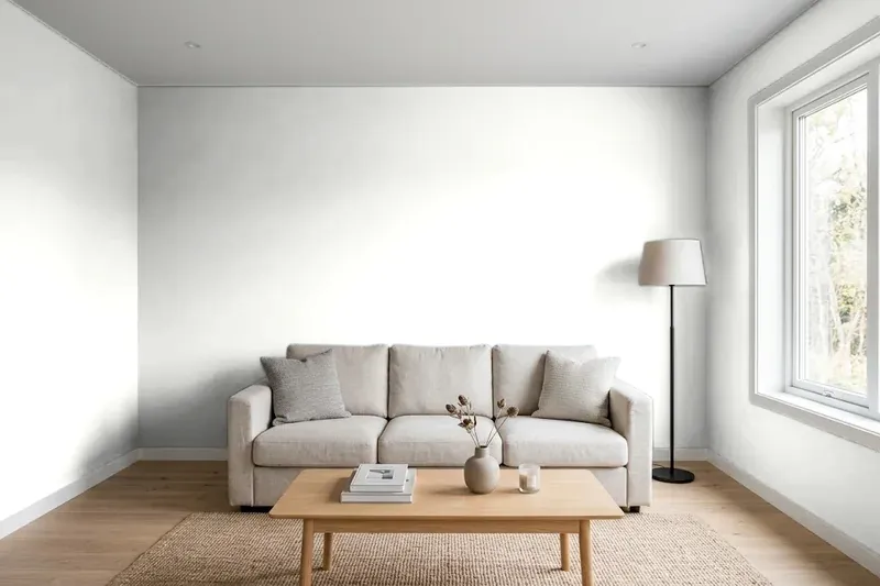 Living room with walls painted Sherwin-Williams Extra White SW 7006 (simulated)