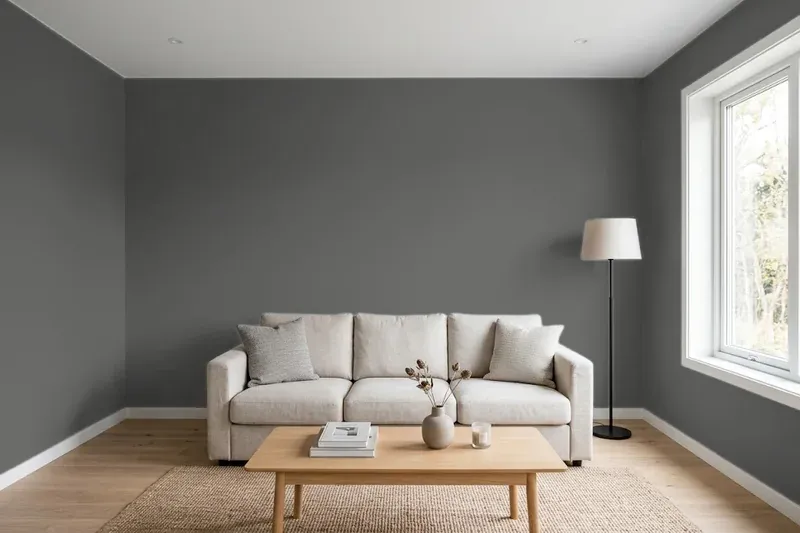 Living room with walls painted Sherwin-Williams Forged Steel SW 9565 (simulated)