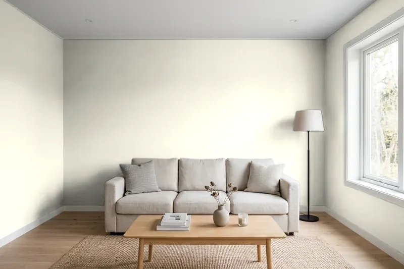 Living room with walls painted Benjamin Moore French Canvas 1514 (simulated)