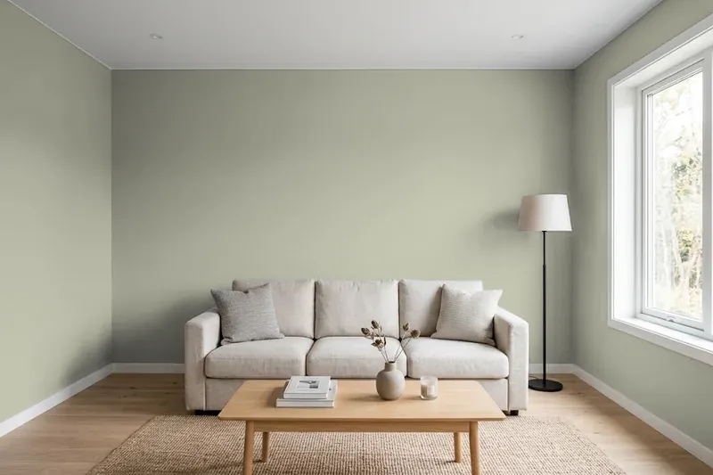 Living room with walls painted Sherwin-Williams Frosted Fern SW 9648 (simulated)