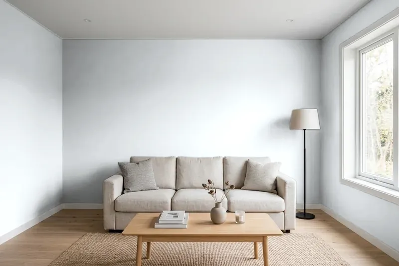 Living room with walls painted Benjamin Moore Gray Cloud 2126-60 (simulated)