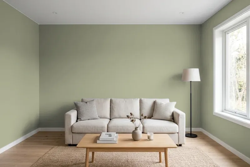 Living room with walls painted Sherwin-Williams Green Onyx SW 9128 (simulated)
