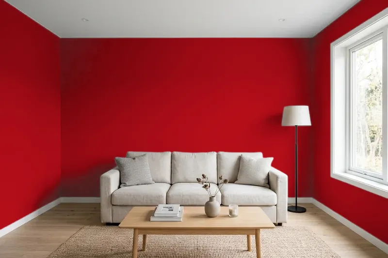 Living room with walls painted Benjamin Moore Heritage Red HC-181 (simulated)