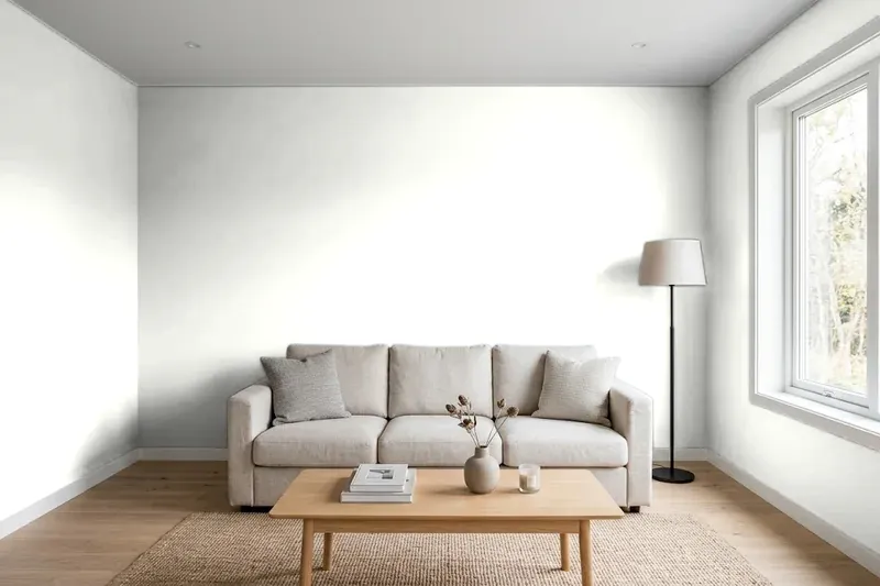 Living room with walls painted Sherwin-Williams High Reflective White SW 7757 (simulated)