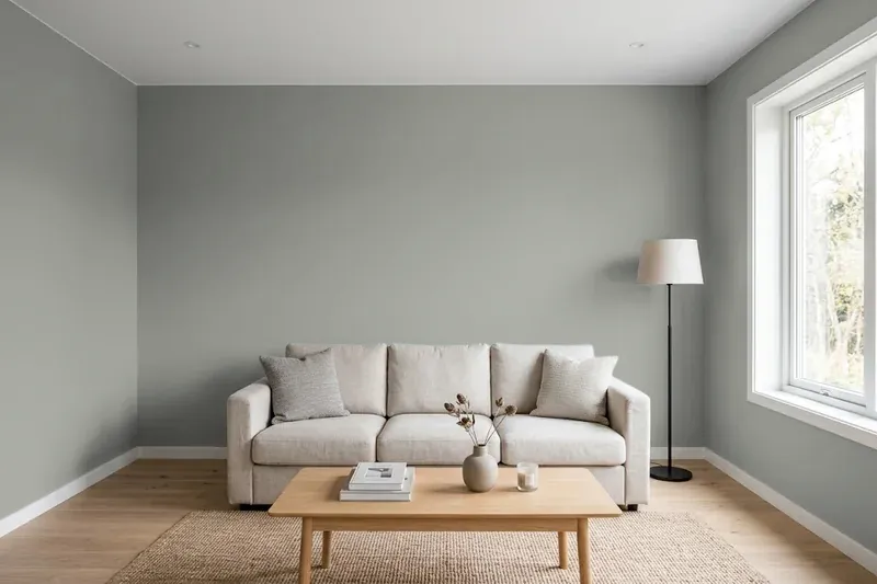 Living room with walls painted Sherwin-Williams Illusive Green SW 9164 (simulated)