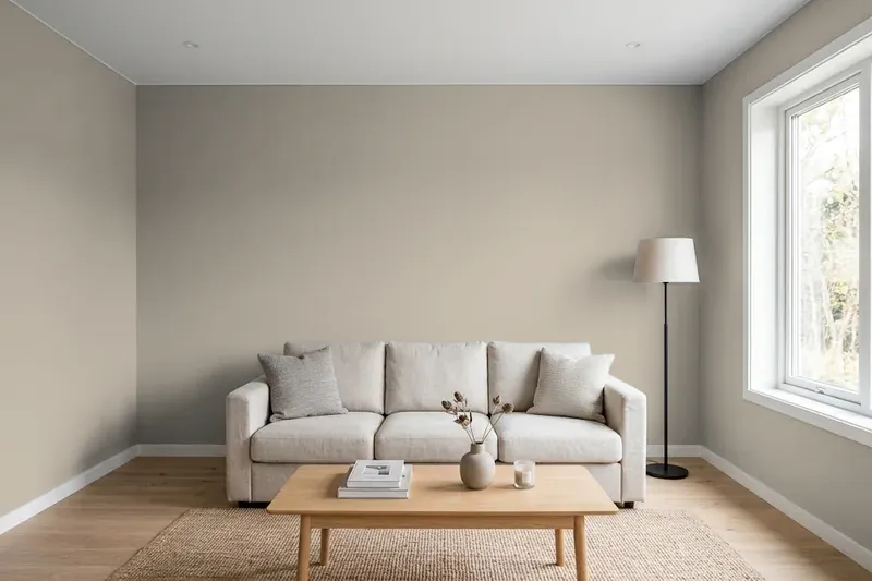 Living room with walls painted Sherwin-Williams Intellectual Gray SW 7045 (simulated)