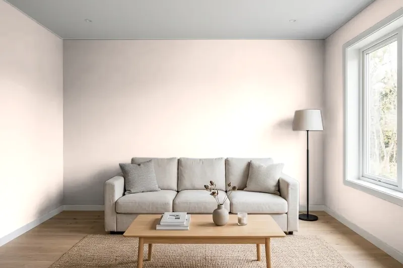 Living room with walls painted Sherwin-Williams Intimate White SW 6322 (simulated)