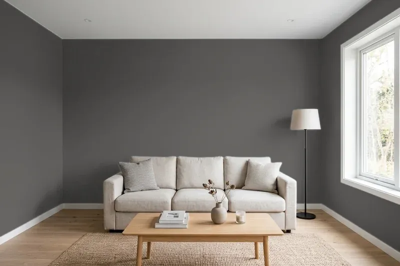Living room with walls painted Benjamin Moore Iron Mountain 2134-30 (simulated)