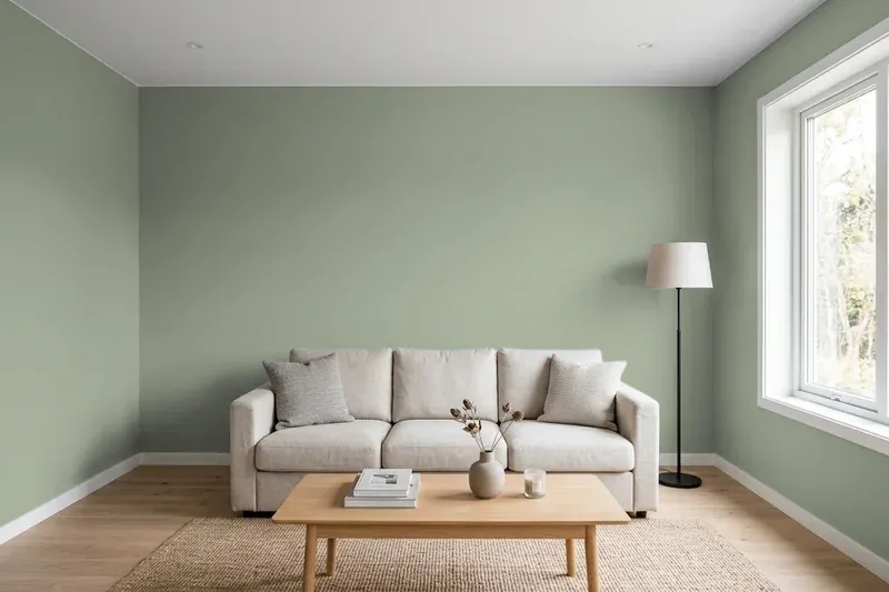 Living room with walls painted Sherwin-Williams Jade Dragon SW 9129 (simulated)