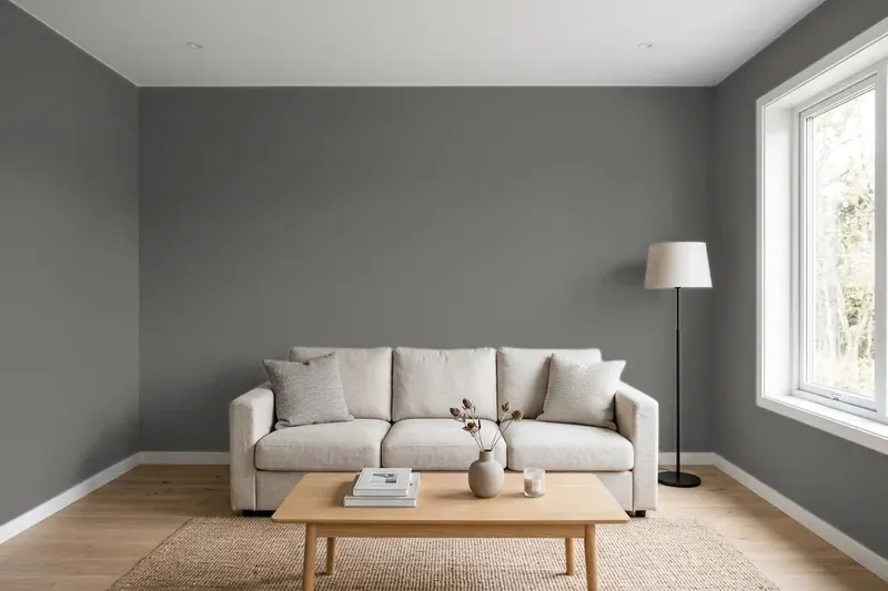 Living room with walls painted Benjamin Moore Kendall Charcoal HC-166 (simulated)