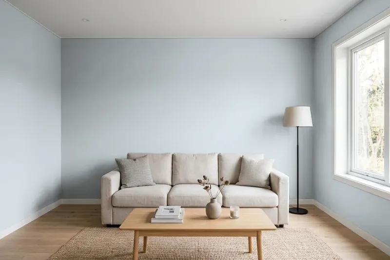 Living room with walls painted Sherwin-Williams Krypton SW 6247 (simulated)