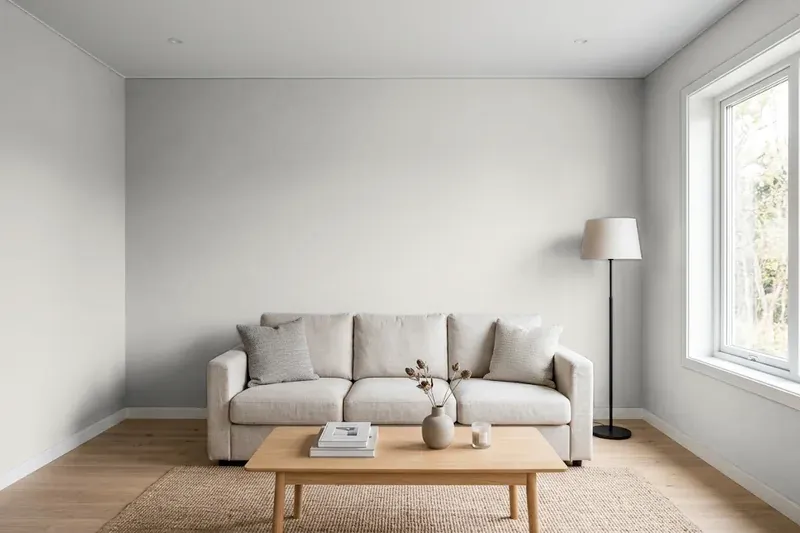 Living room with walls painted Sherwin-Williams Light French Gray SW 0055 (simulated)