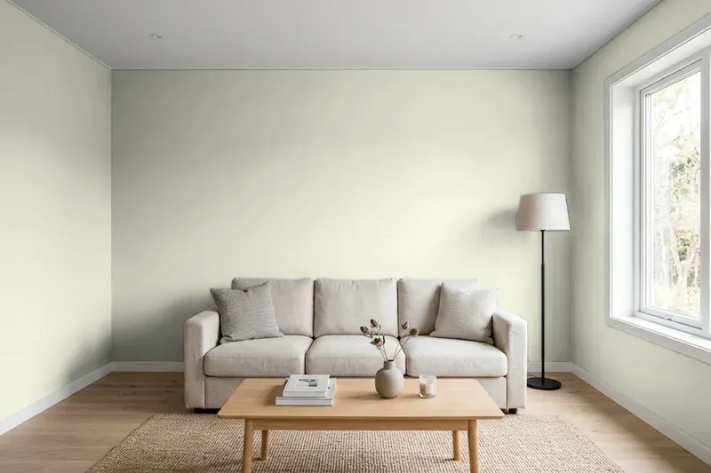 Living room with walls painted Sherwin-Williams Liveable Green SW 6176 (simulated)