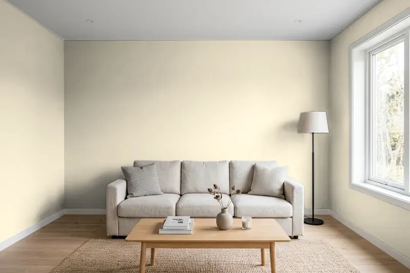 Living room with walls painted Benjamin Moore Manchester Tan HC-81 (simulated)