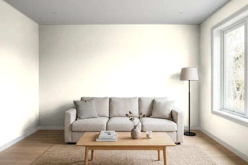 Living room with walls painted Benjamin Moore Mayonnaise 2152-70 (simulated)