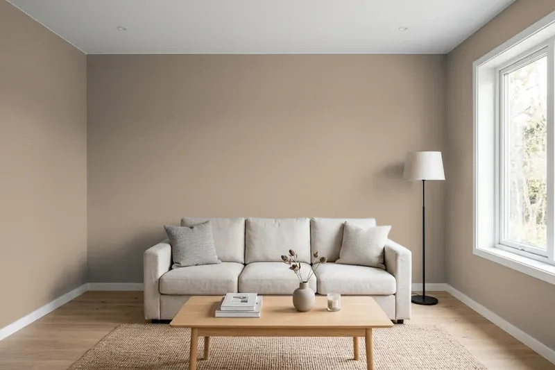 Living room with walls painted Sherwin-Williams Moth Wing SW 9174 (simulated)
