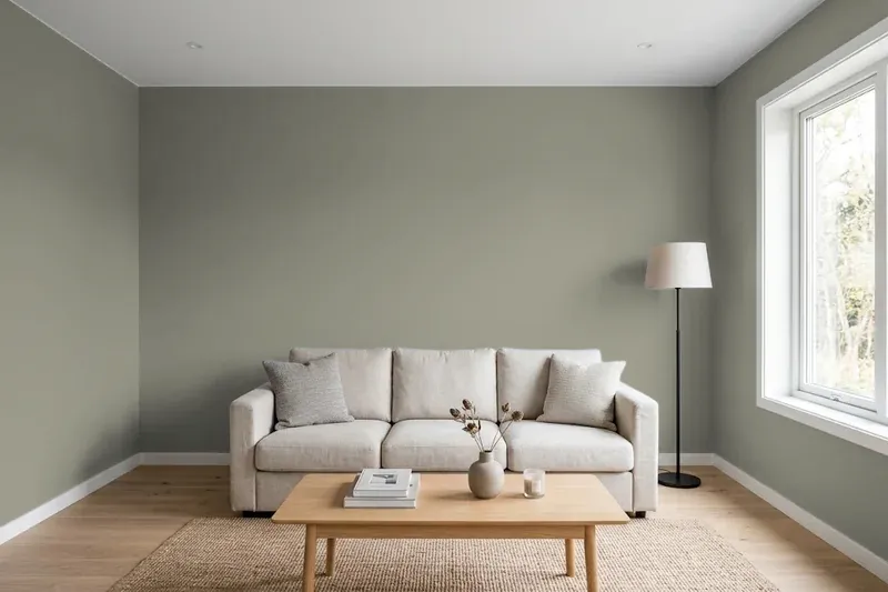 Living room with walls painted Sherwin-Williams Mountain Road SW 7743 (simulated)