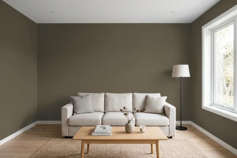 Living room with walls painted Sherwin-Williams Muddled Basil SW 7745 (simulated)