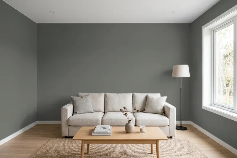 Living room with walls painted Sherwin-Williams Night Owl SW 7061 (simulated)