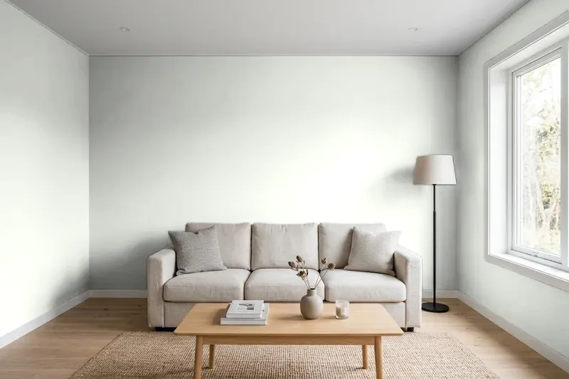 Living room with walls painted Sherwin-Williams Opaline SW 6189 (simulated)