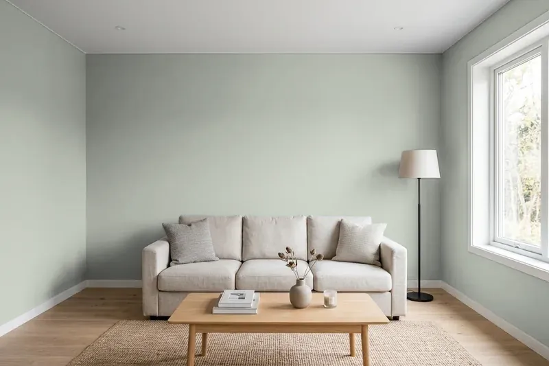 Living room with walls painted Sherwin-Williams Oyster Bay SW 6206 (simulated)