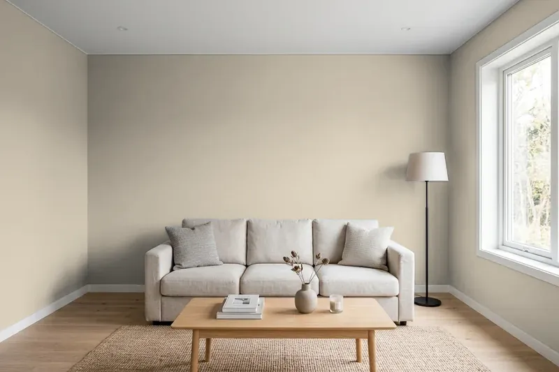 Living room with walls painted Benjamin Moore Pashmina AF-100 (simulated)