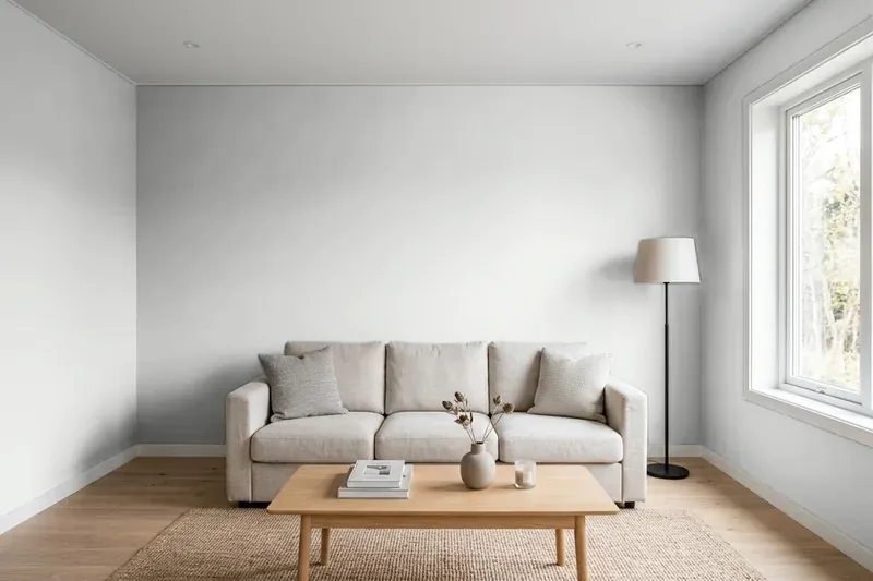 Living room with walls painted Sherwin-Williams Passive SW 7064 (simulated)