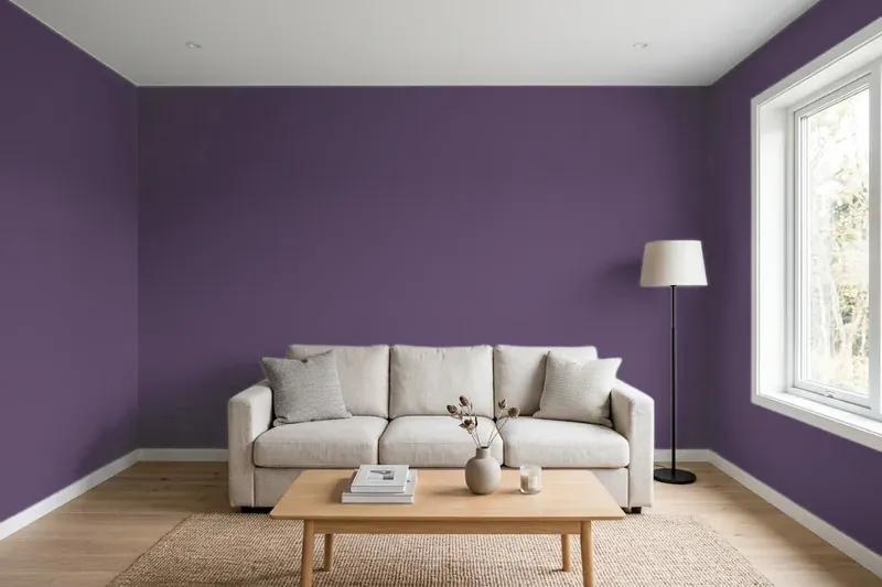 Living room with walls painted Behr Plum S-H-670 (simulated)