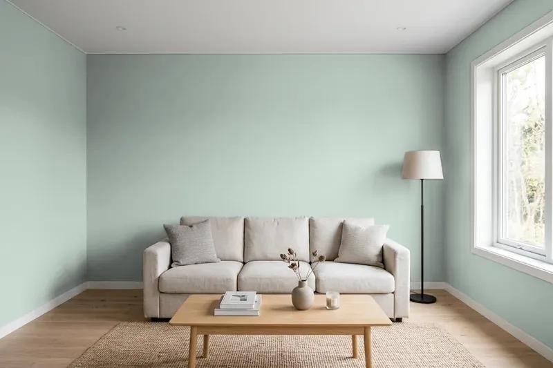 Living room with walls painted Sherwin-Williams Quietude SW 6212 (simulated)