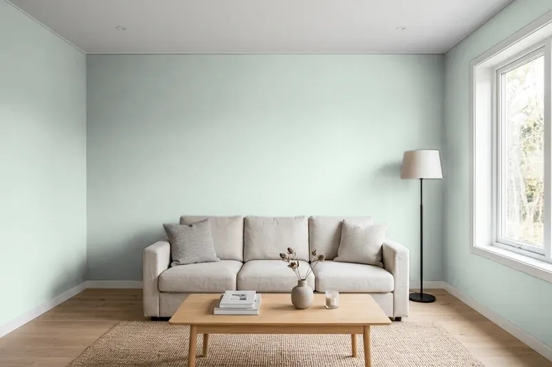 Living room with walls painted Sherwin-Williams Rainwashed SW 6211 (simulated)