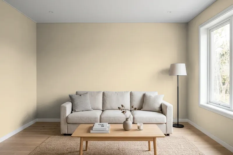 Living room with walls painted Sherwin-Williams Relaxed Khaki SW 6149 (simulated)