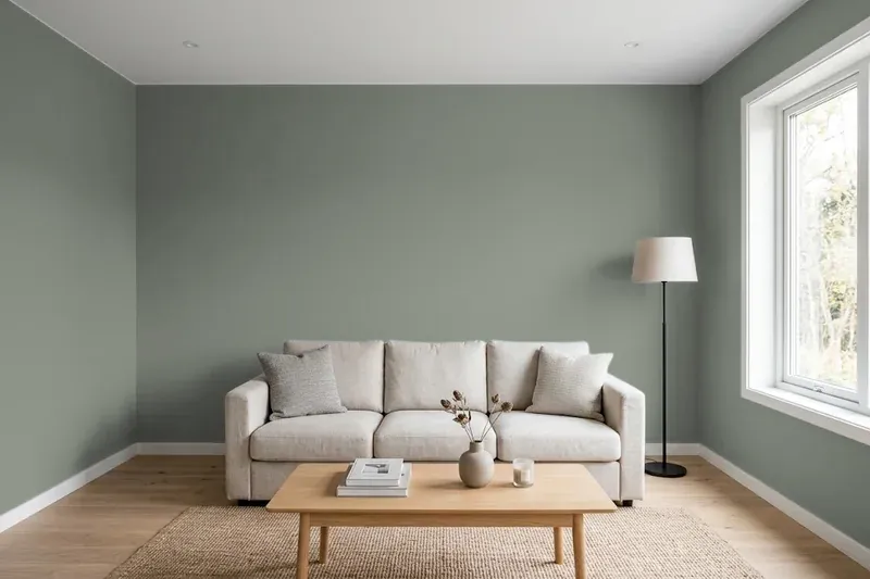 Living room with walls painted Sherwin-Williams Retreat SW 6207 (simulated)