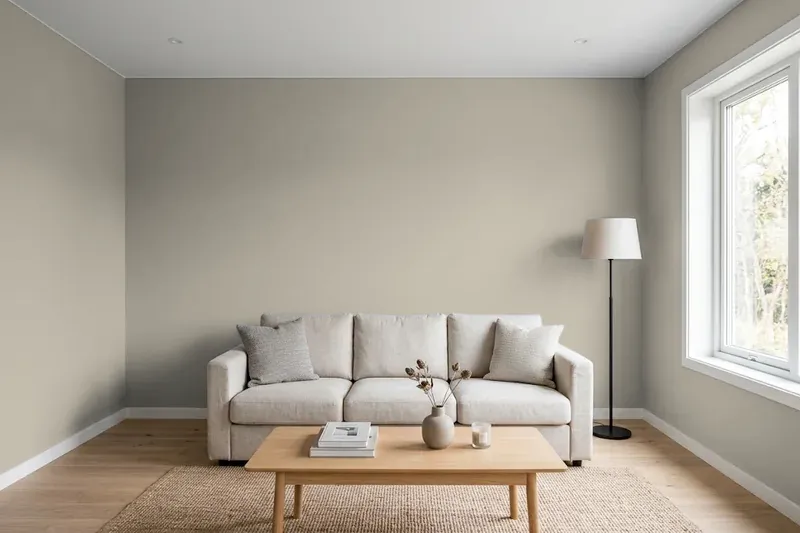 Living room with walls painted Benjamin Moore Rockport Gray HC-105 (simulated)